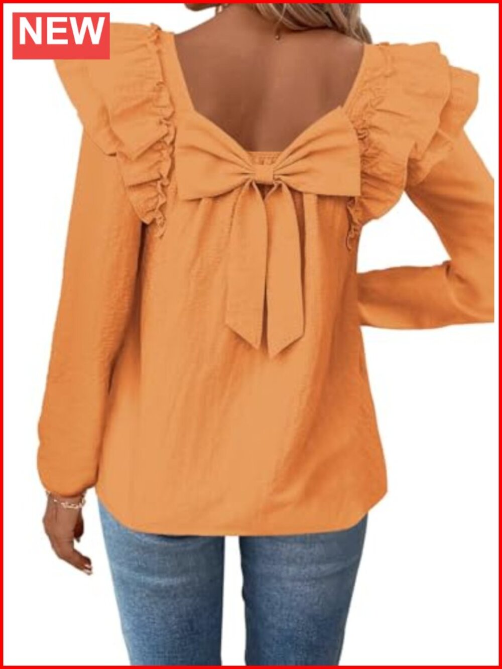 Womens Bow Tie Back Babydoll Top Square Neck Long Sleeve Blouse Tunic